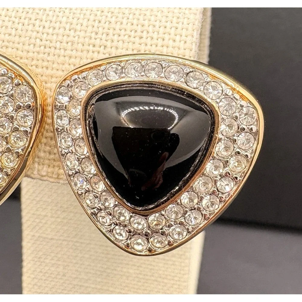 Vintage Swarovski SAL Crystal Pendant Clip‎ Earrings Set Gold Tone Glossy Black